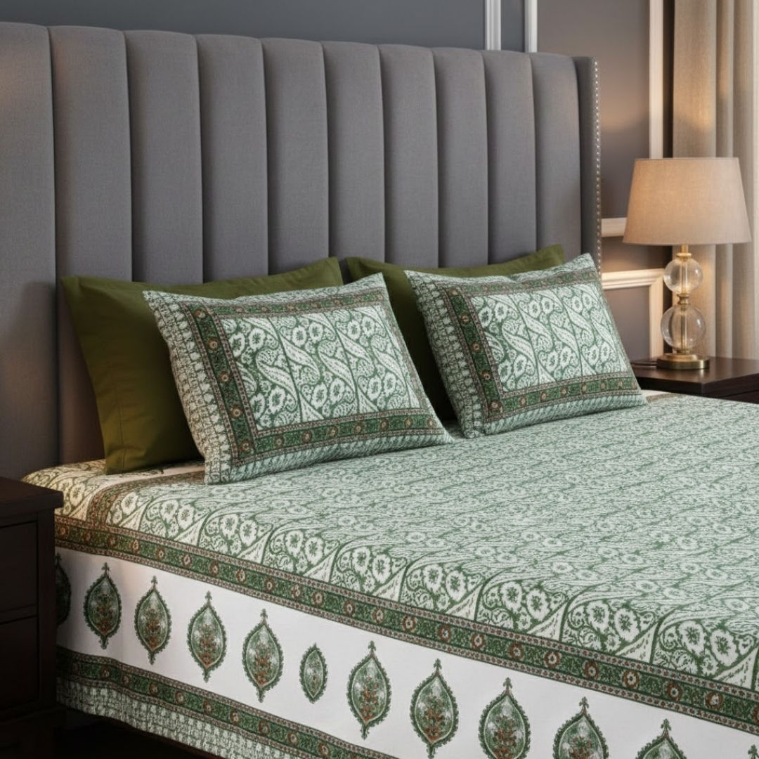 Rustic Rhythms Green Block Print Pure Cotton Double Bedsheet